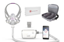 Load image into Gallery viewer, ResMed AirMini CPAP device with mask, power adapter, carrying case, and smartphone app on a white background
