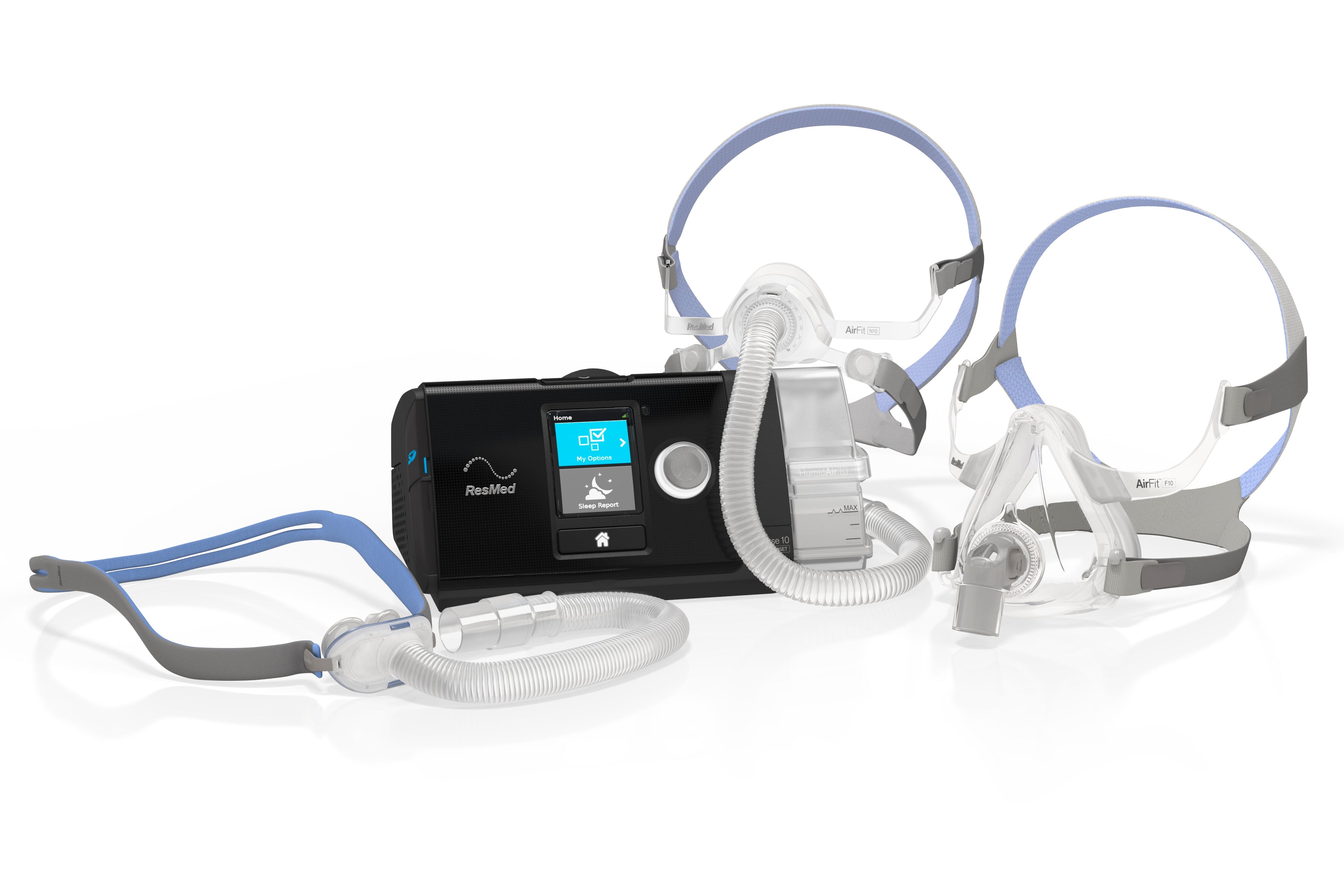 ResMed Airense 10 CPAP machine with mask and hose on a white background