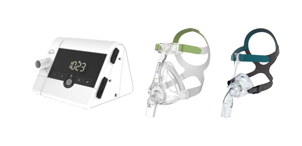 Lowenstein Prisma Smart Max CPAP device with mask and headgear on a white background