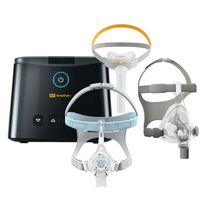 Fisher & Paykel SleepStyle CPAP machine and masks on a white background