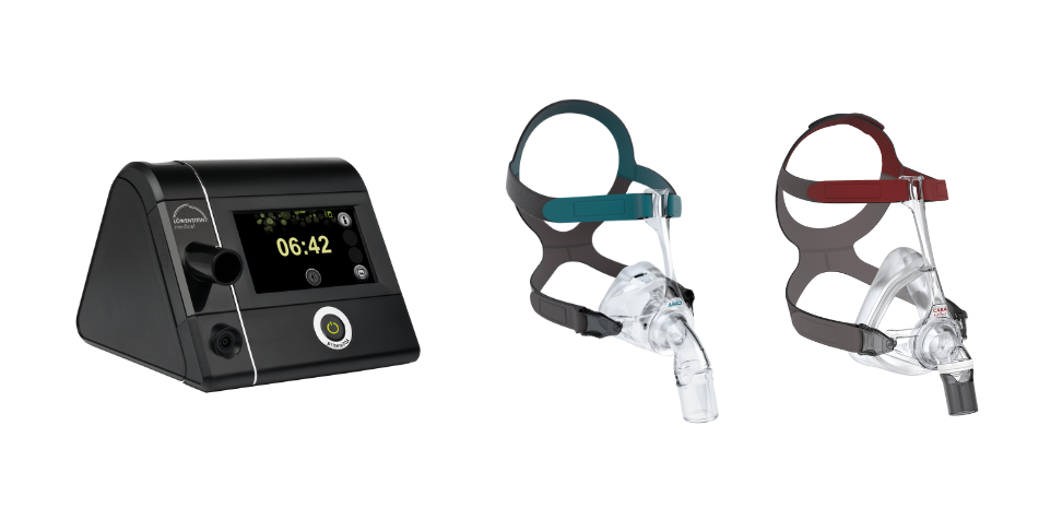 Lowenstein Prisma20A CPAP device and two masks on a white background